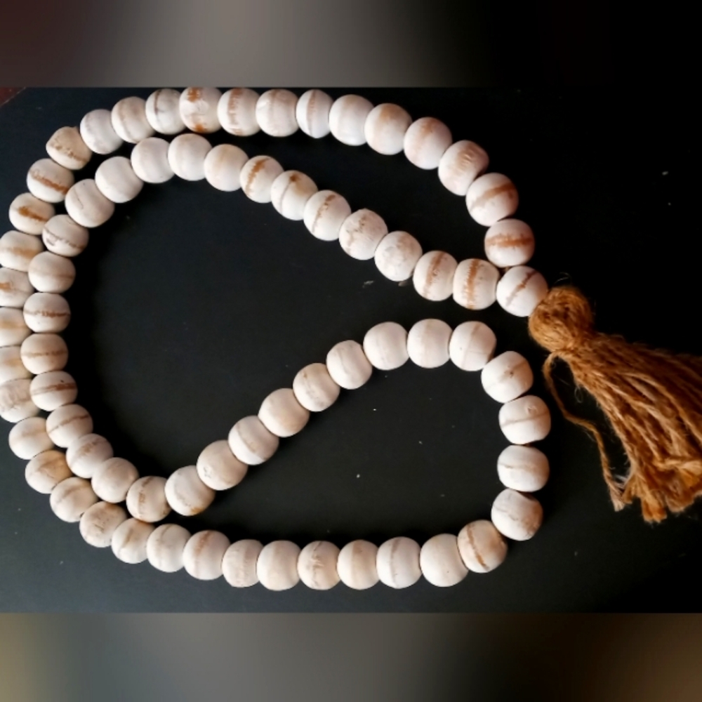 White Wood Bead Necklace with Brown Tassel - Women's Jewelry